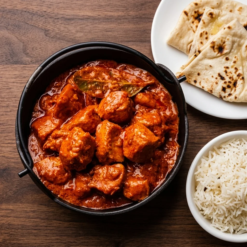 Chicken tikka masala served with naan and basmati rice at Dawat India Restaurant in Regina, SK