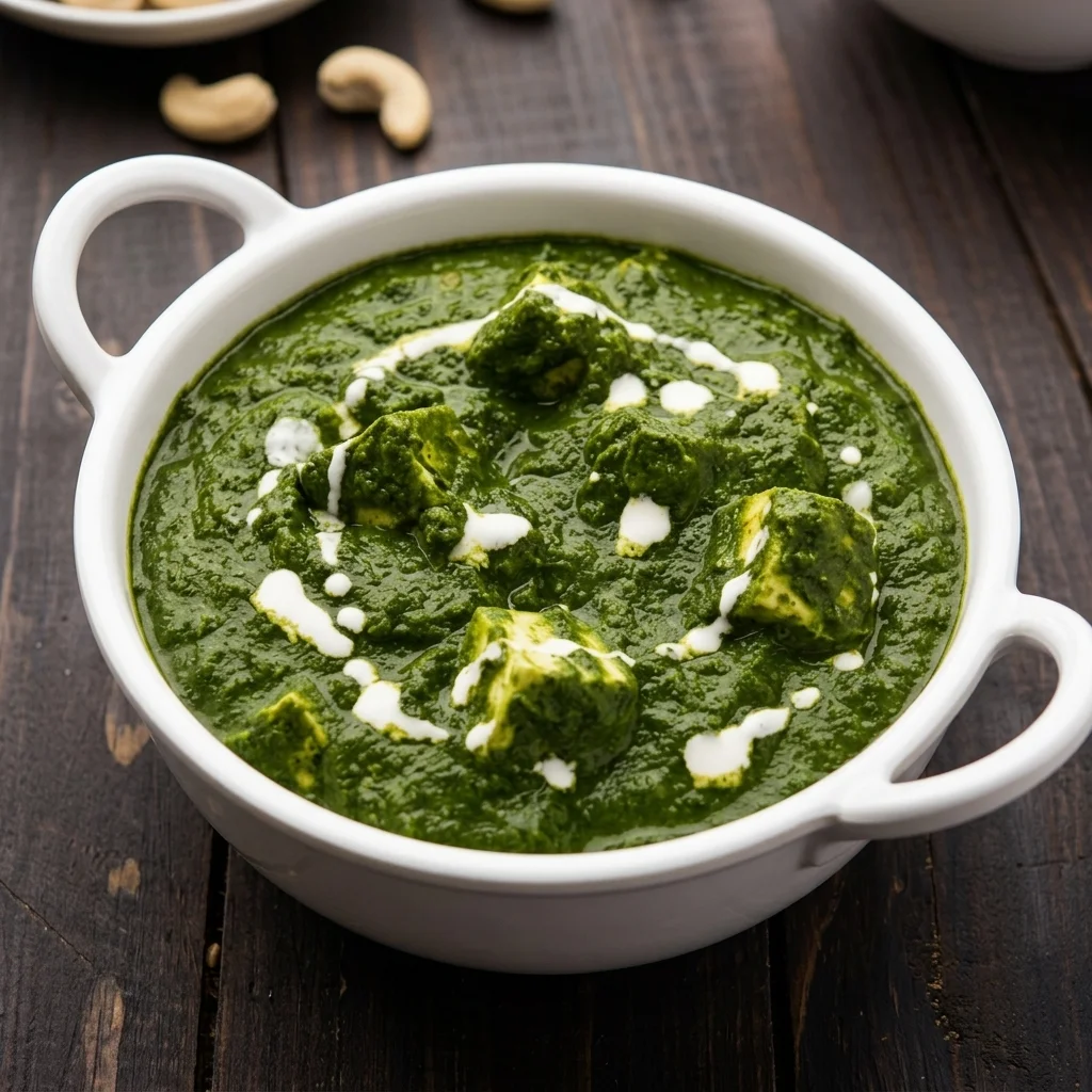 Palak paneer at Dawat India Restaurant Regina – homemade cottage cheese cooked with fresh spinach and ground spices